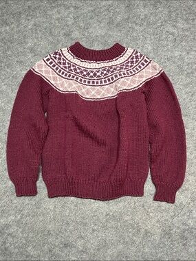 Women's Hand Knit Maroon Nordic Yoke Fair Isle Sweater